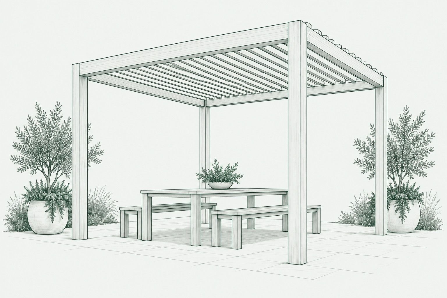 Pergola and outdoor table architectural illustration